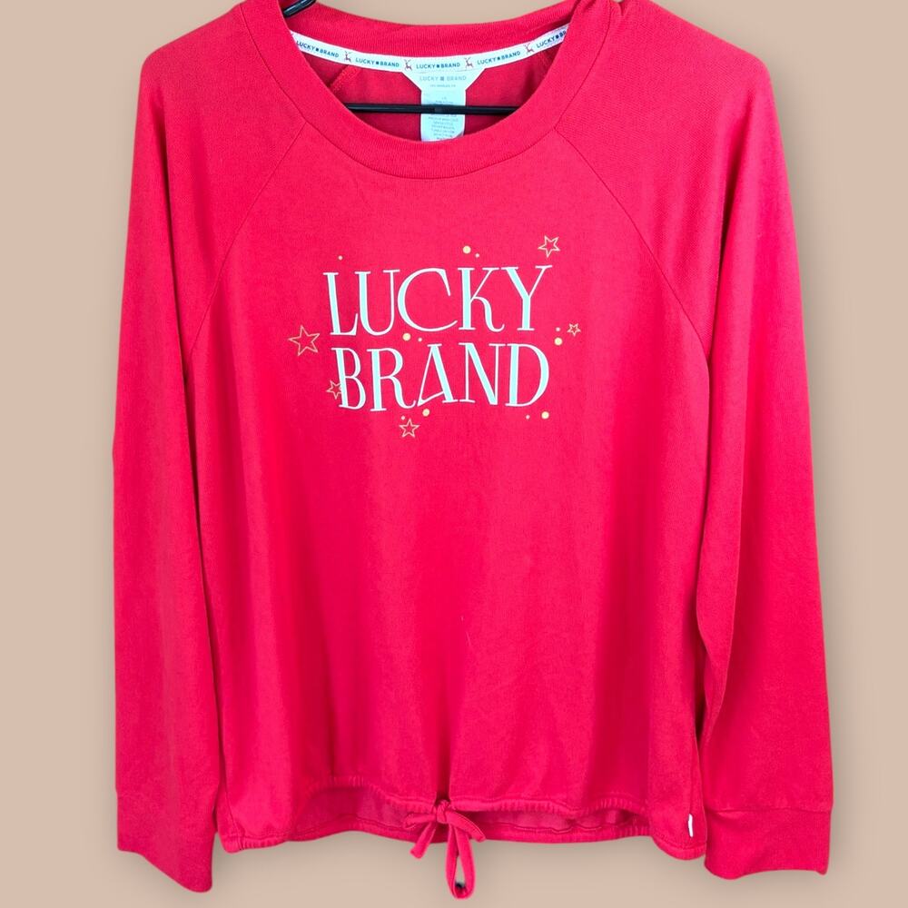 NWT Lucky Brand Stella Crew Logo Top Women’s Large Red Tie Hem Long Sleeve